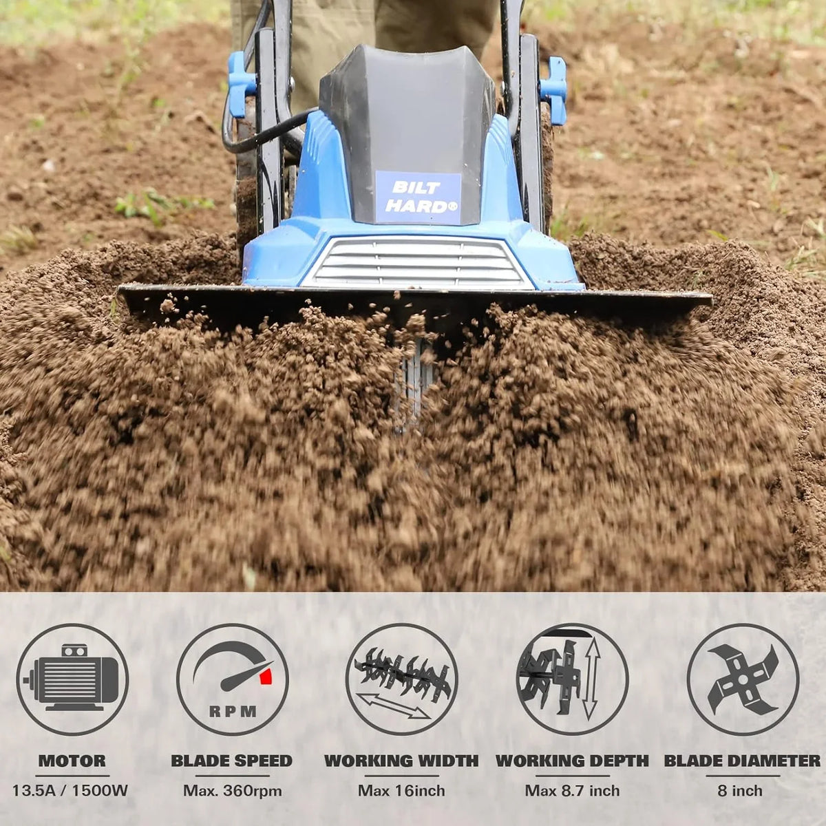 BILT HARD Electric Garden Tiller Cultivator 16 inch 13.5 Amp 6 Steel Tines