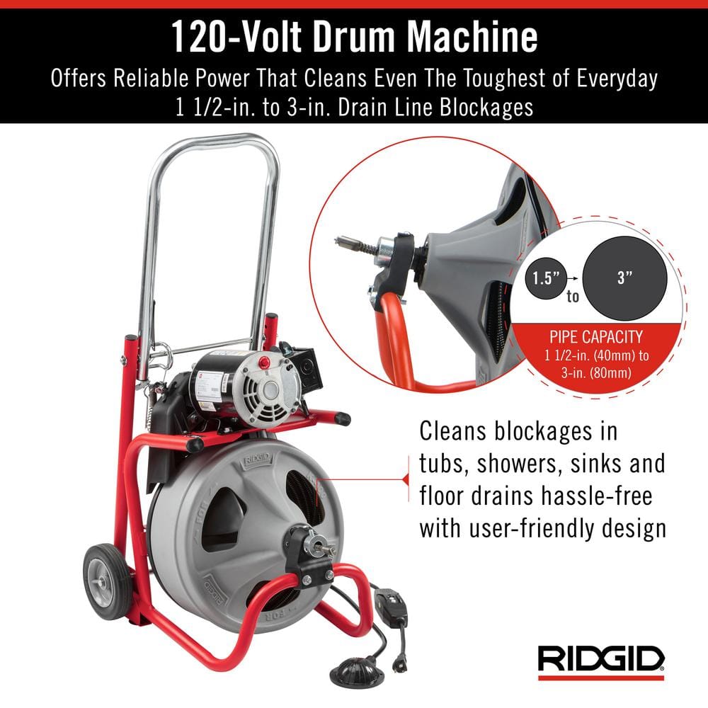 120V Drum Drain Cleaning Snake Auger With 3/8-In. X 75-Ft. Cable, 4-Piece Tool Set And Gloves