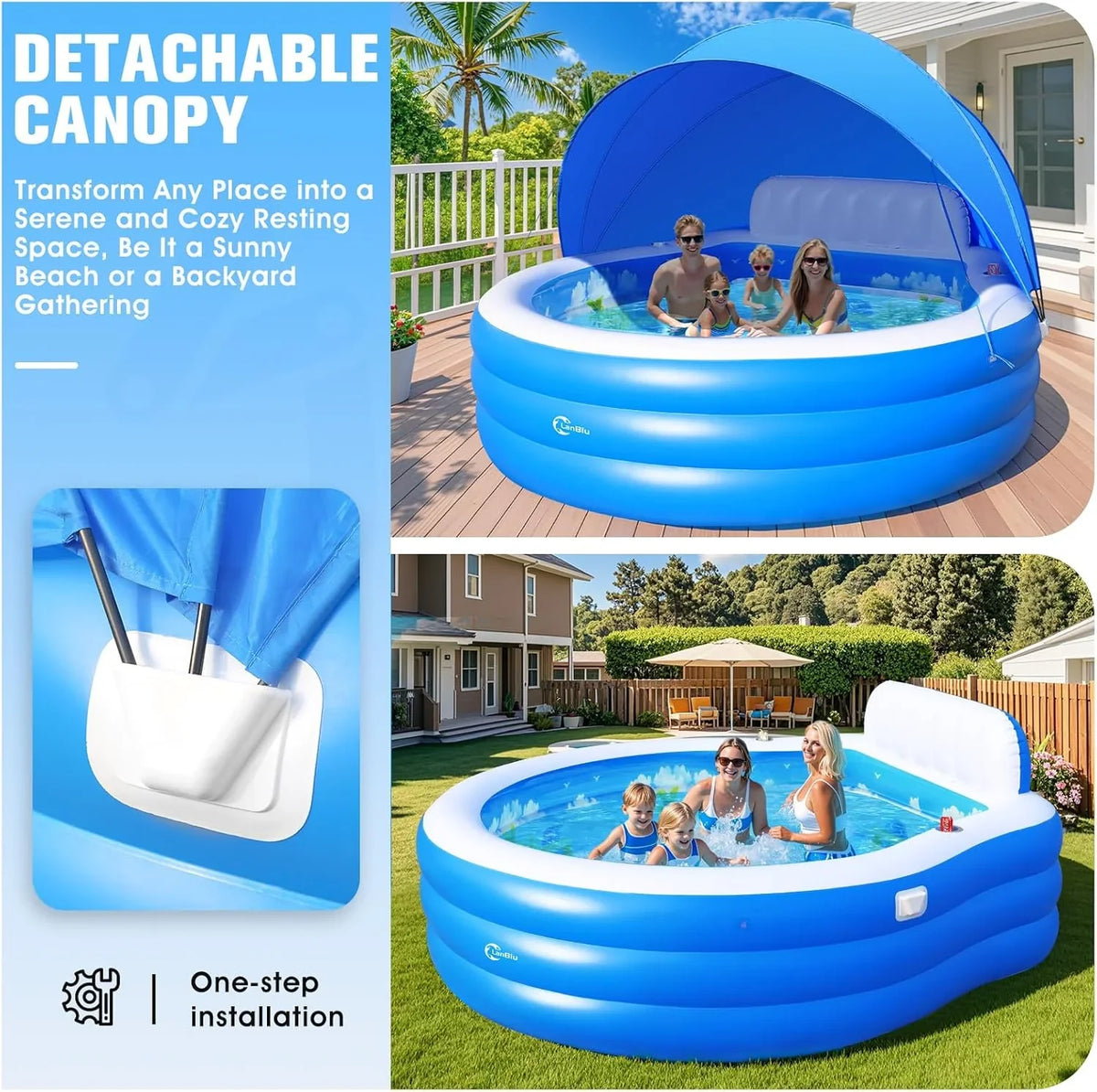 Inflatable Family Lounge Pool With Canopy, Bench And Backrest, 92in x 92in x 26in - Blue