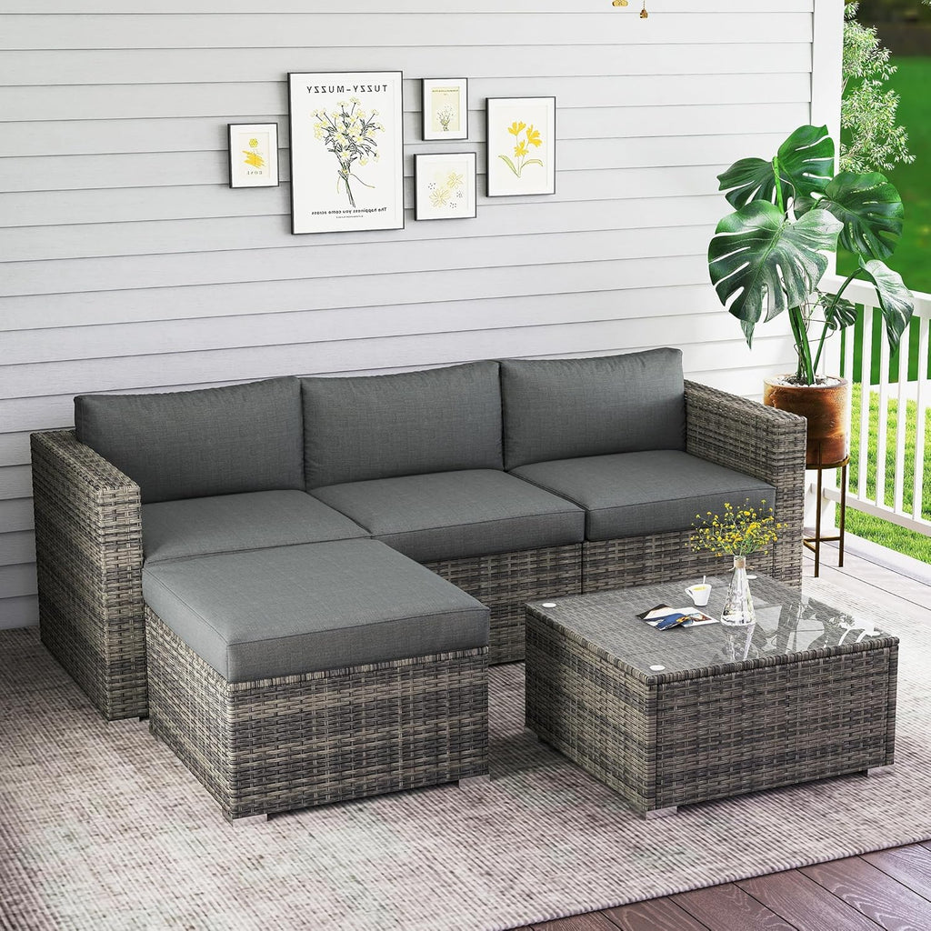 Wisteria Lane 5-Piece Outdoor Wicker Rattan Sectional Conversation Set With Cushions And Glass Coffee Table - Grey