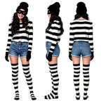 7Pcs Bank Robber Costume for Women, Burglar Outfit with Striped Shirt for Halloween Cosplay