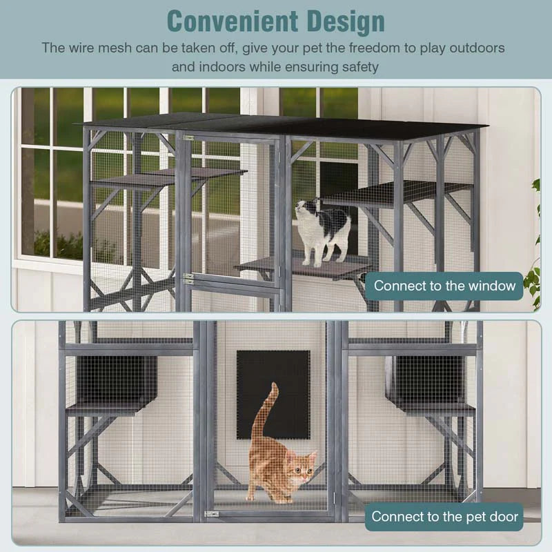 Outdoor Wooden Cat Catio Enclosure, 71 x 38 x 71 in, 7 Platforms, Grey