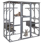 Outdoor Wooden Cat Catio Enclosure, 71 x 38 x 71 in, 7 Platforms, Grey