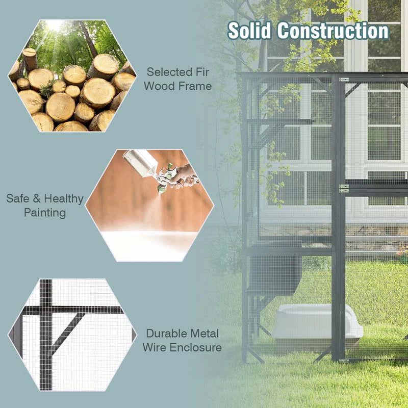 Outdoor Wooden Cat Catio Enclosure, 71 x 38 x 71 in, 7 Platforms, Grey