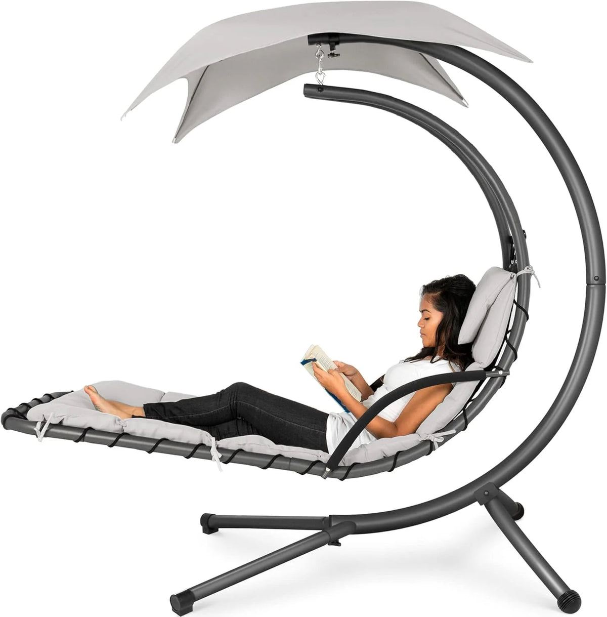 Best Choice Products Outdoor Hanging Steel Chaise Lounge Chair With Canopy, Charcoal Gray - SKY5871