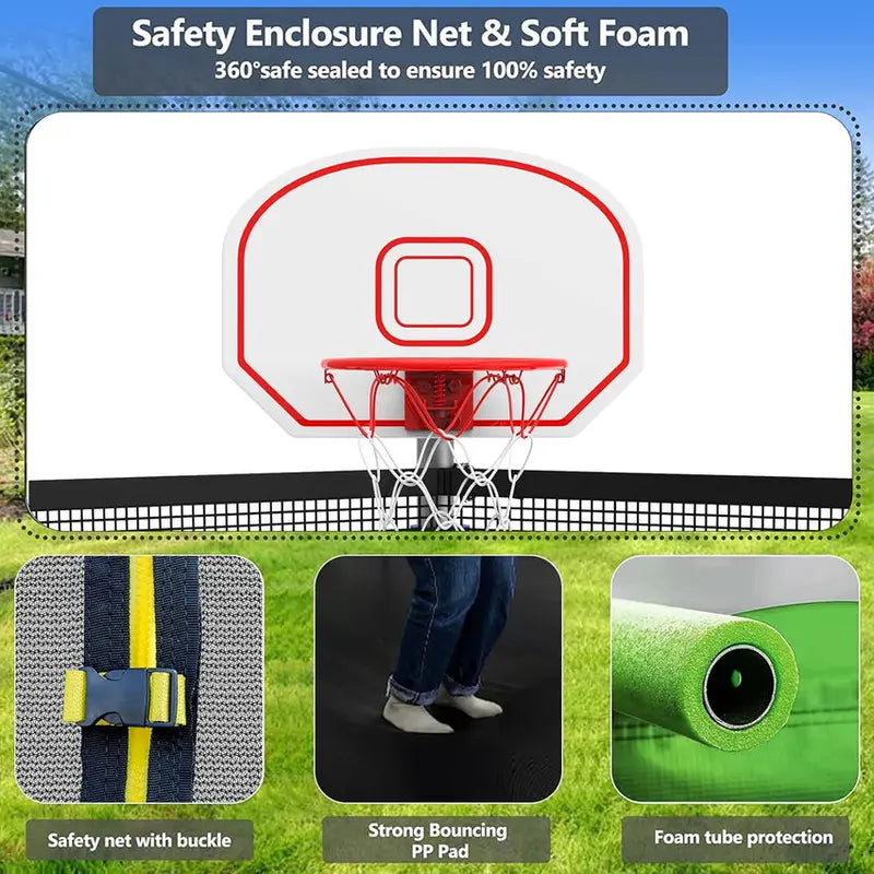 Trampoline With Enclosure Net And Adjustable Basketball Hoop - 8ft, 10ft, 12ft, 14ft, 15ft, 16ft