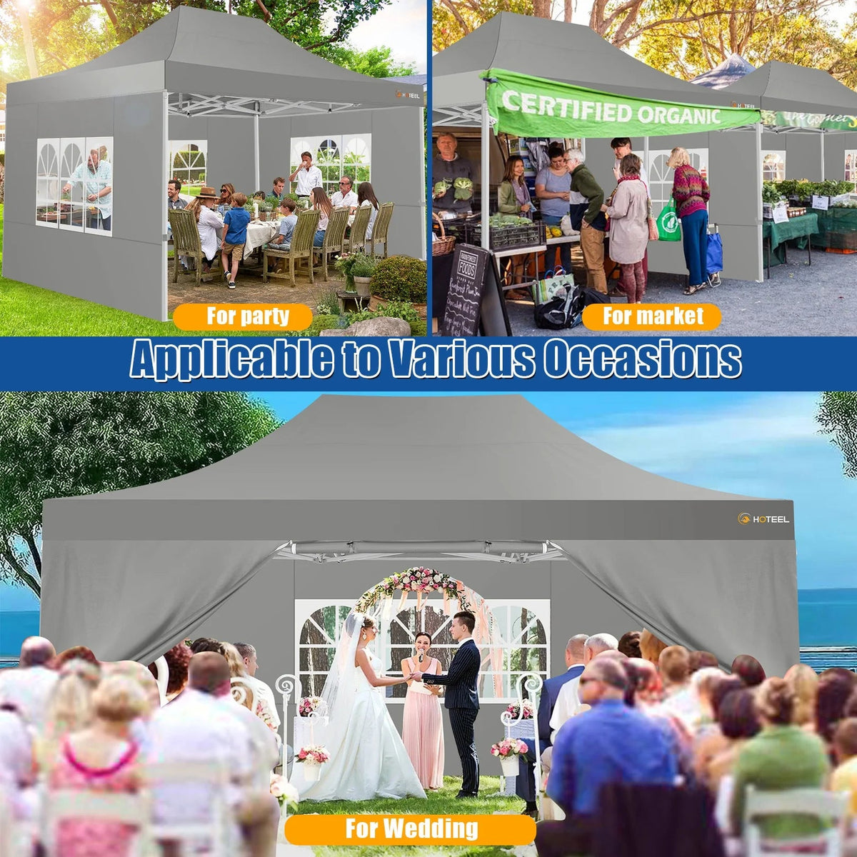 HOTEEL Heavy Duty Pop-Up Canopy Tent 10x15, 4 Sidewalls, Black