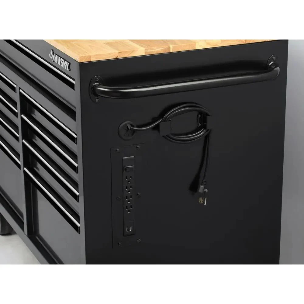 Husky Mobile Workbench With 9 Drawers, Hardwood Top And Power Connection, 117 cm W x 62 cm D - High-Gloss Black