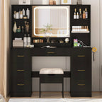 ChVans 47in Vanity Desk Set With LED Lighted Mirror, 7 Drawers, 6 Shelves, Cushioned Storage Stool - Black