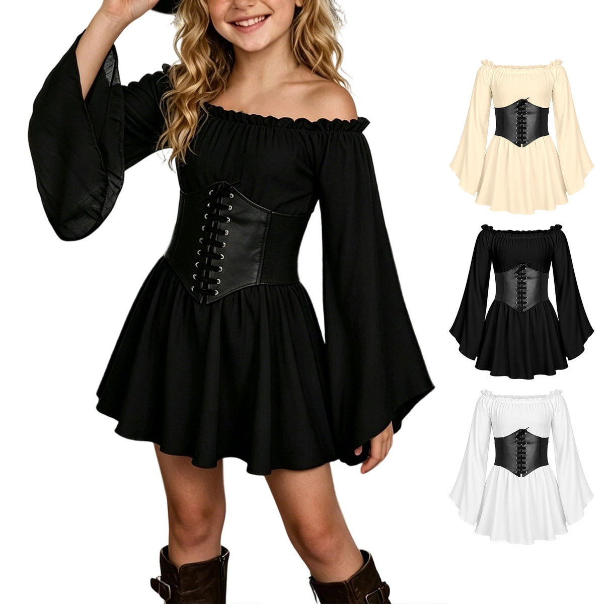 Kids Off the Shoulder Pirate Dresses with Sash Two Piece Set Pirate Costume Halloween Cosplay Halloween Costume Kids Size 4-14 Years