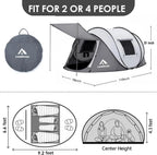 4 Person Pop-Up Camping Tent, Waterproof, 2 Doors, Automatic Setup