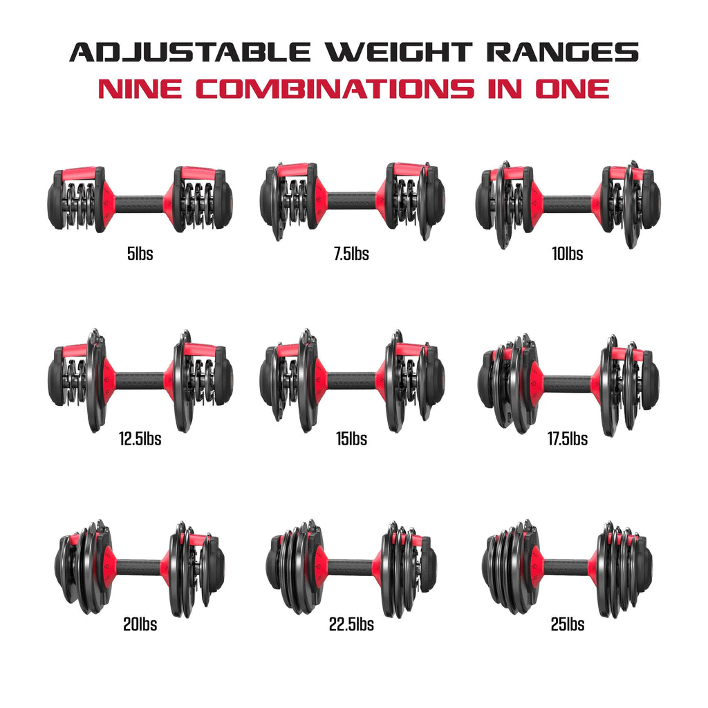 FitRx SmartBell Adjustable Dumbbell Set, 2-Pack, 25lb, 9-in-1 Quick-Select Weights, 2.5lb Increments
