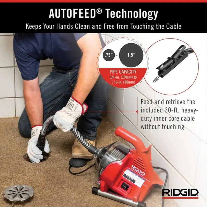 RIDGID PowerClear Drain Cleaning Machine Kit, 120V, 30 ft Inner Core Cable - 55808