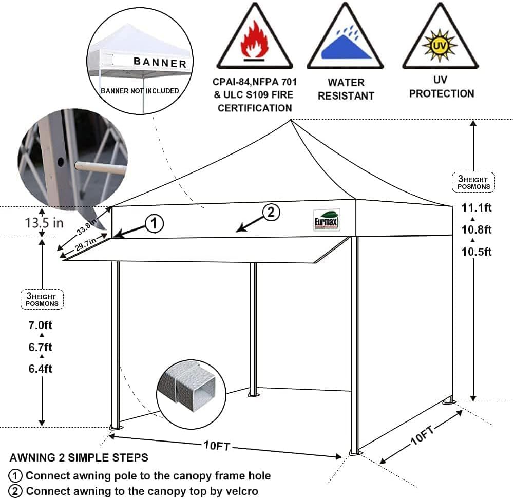Eurmax USA 10 x 10 Pop-Up Commercial Canopy Tent With 4 Sidewalls, Roller Bag And Awning