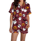 ChenYiFH Halloween Pajama Sets For Women 2 Piece Pumpkin Print Shirts And Pajamas Shorts Button Down Short Sleeve Sleepwear Black S