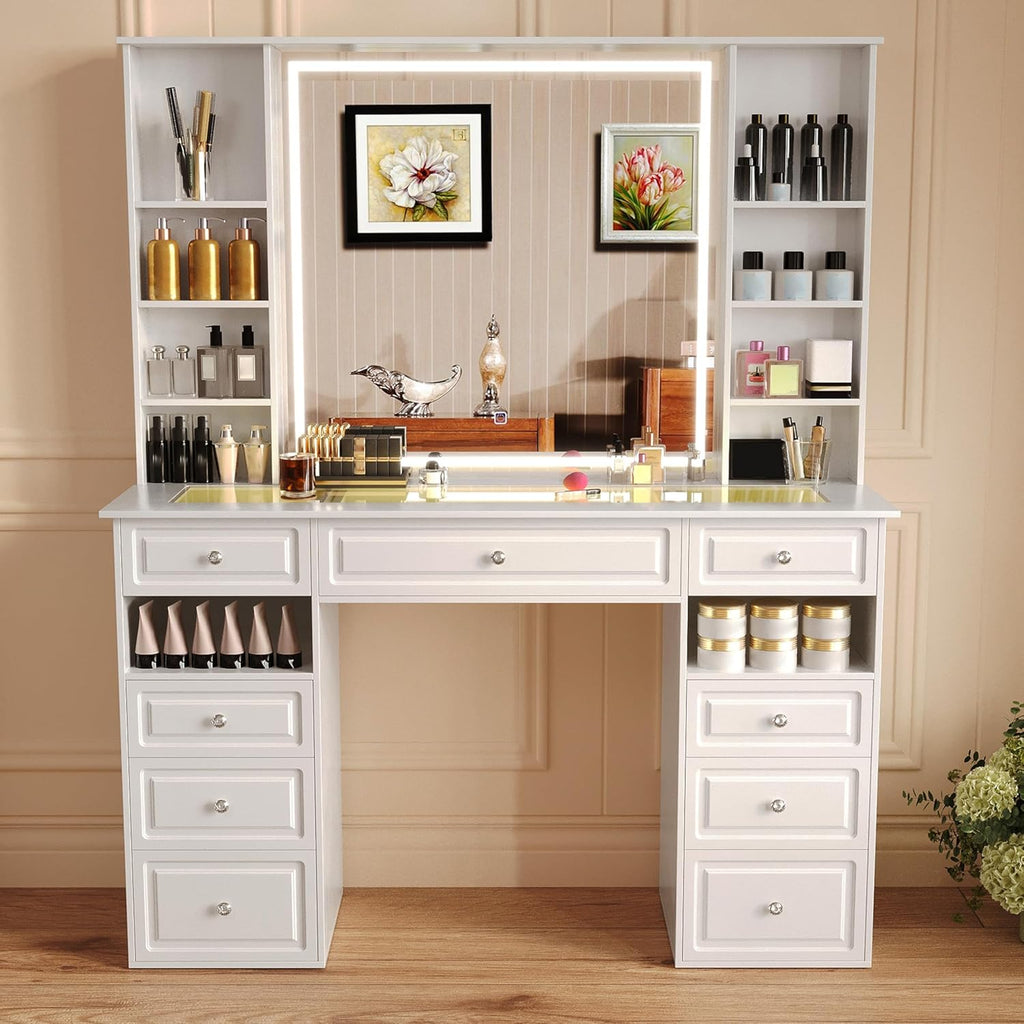 Vanity Desk With Mirror And Lights, Glass Top, 9 Drawers, White