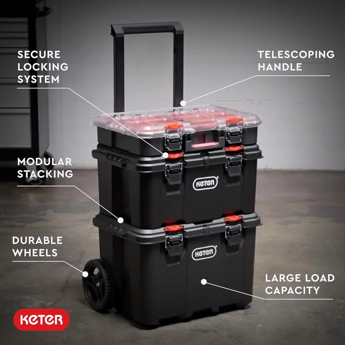 Keter Rolling Tool Box System, 3 Piece, Black/Red - 3 Piece Resin Modular Toolbox System