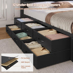 Queen Upholstered Platform Bed Frame With LED Headboard, 12 Storage Drawers And Charging Station - Black