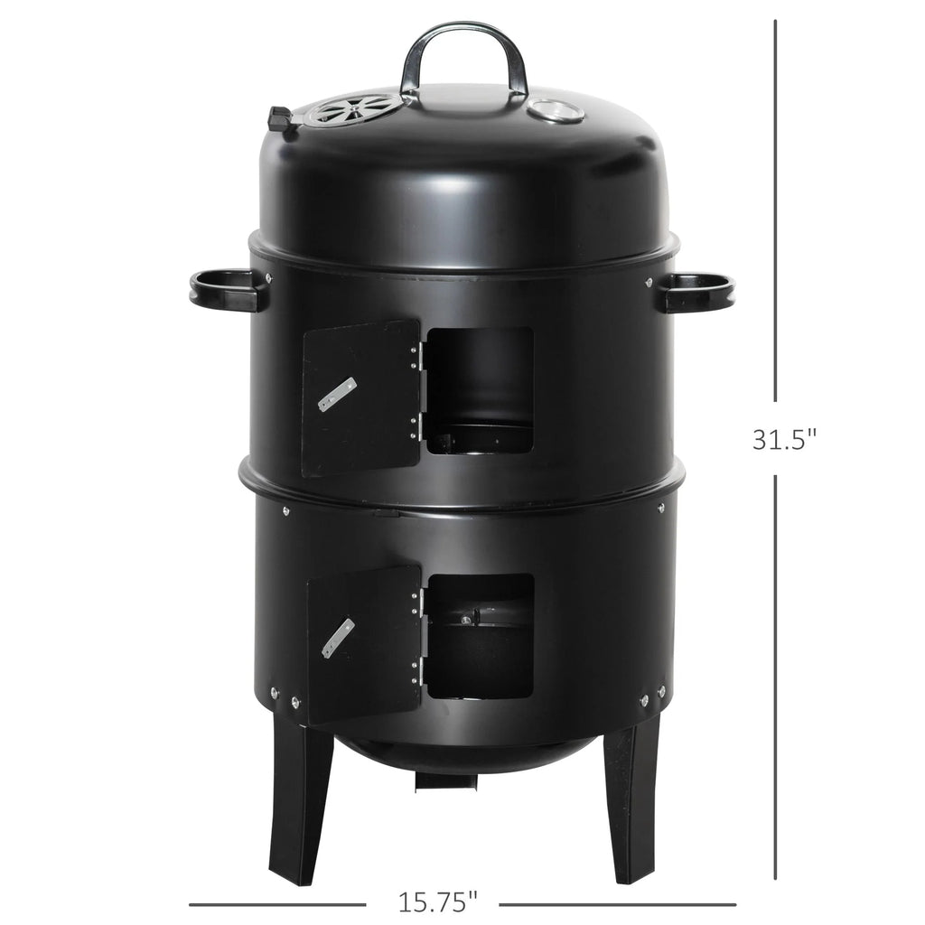 Outsunny 3-in-1 16in Round Charcoal BBQ Smoker Grill With 2 Cooking Areas And Thermometer - Black