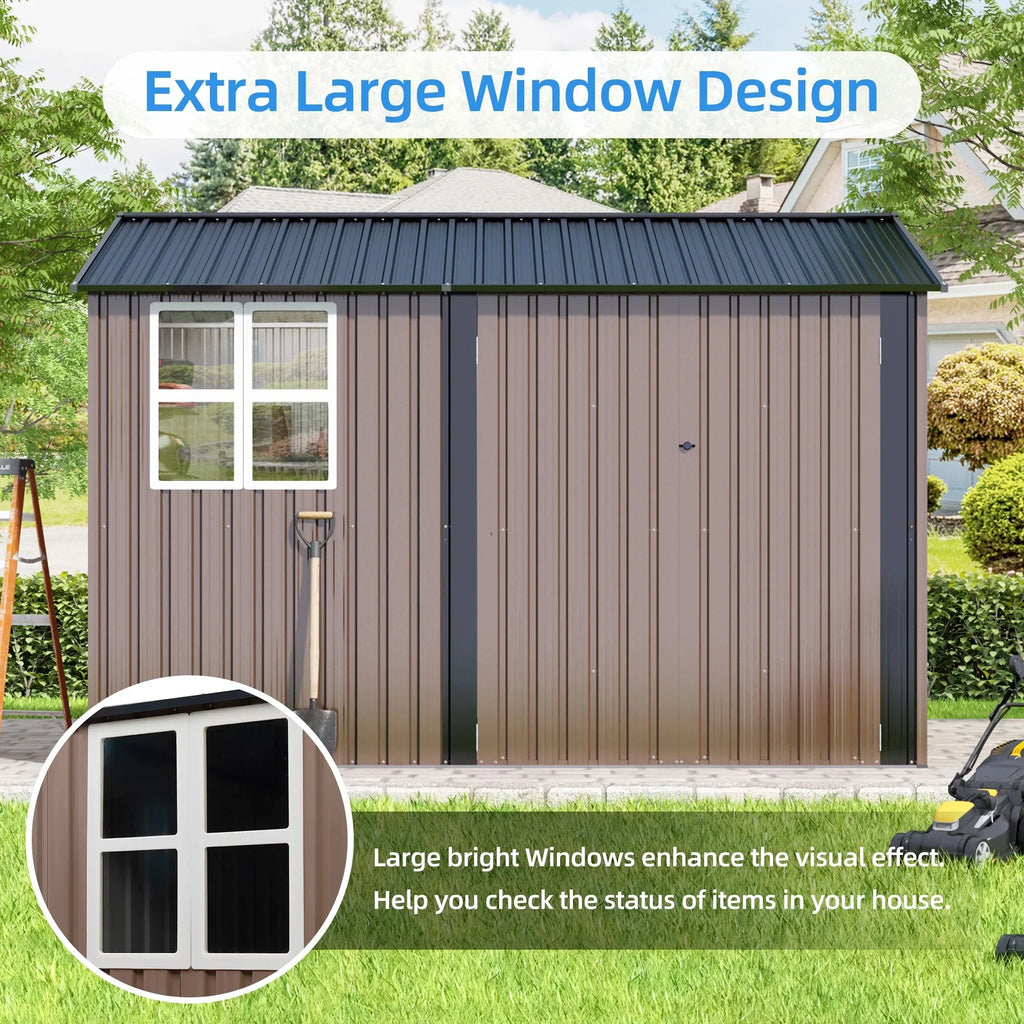 JAXPETY 10 x 10 ft Outdoor Metal Storage Shed With Window And Lockable Door - Brown