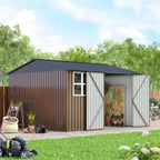 JAXPETY 10 x 10 ft Outdoor Metal Storage Shed With Window And Lockable Door - Brown