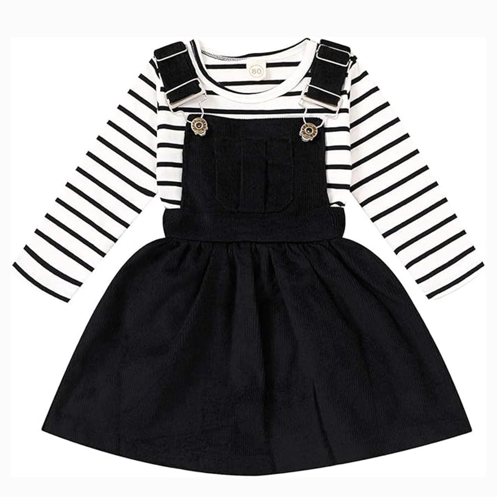 Younger Tree Toddler Baby Girl Fall Dress Outfit Long Sleeve Top Strap Dress Overall with Pocket Clothes Set for 2-3T