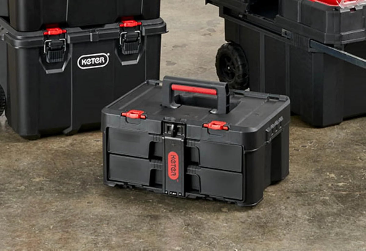Keter Rolling Tool Box System, 3 Piece, Black/Red - 3 Piece Resin Modular Toolbox System
