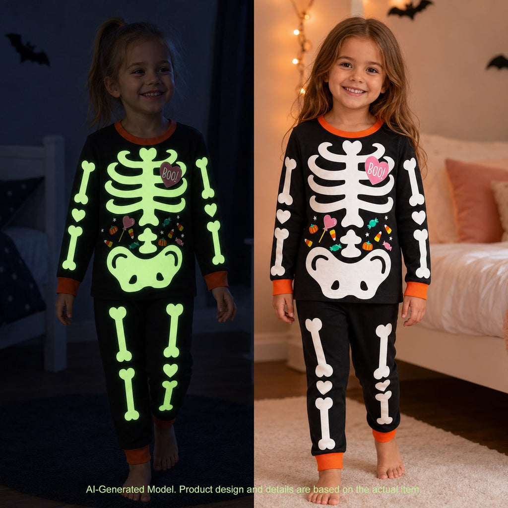 Rimyaw Kids Halloween Pajamas Set, Glow in the Dark Skeleton Sleepwear, 2-Piece cottom Long Sleeve PJs for Boys and Girls, Black