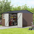 JAXPETY 10 x 10 ft Outdoor Metal Storage Shed With Window And Lockable Door - Brown