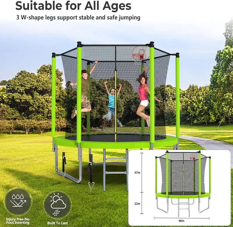 Trampoline With Enclosure Net And Adjustable Basketball Hoop - 8ft, 10ft, 12ft, 14ft, 15ft, 16ft