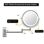 8 Inch Round Wall-Mounted Makeup Mirror, Rechargeable, 1X/10X Magnification, 3-Color LED Lights