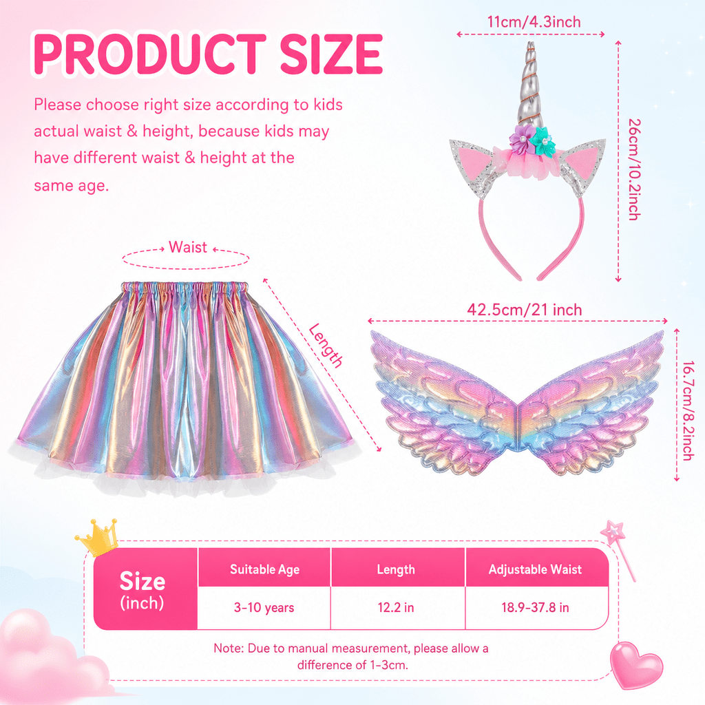 Unicorn Costume for Girls, Tutu Skirt Wings Unicorn Headband Princess Outfit for Birthday Halloween Christmas Cosplay Dress Up