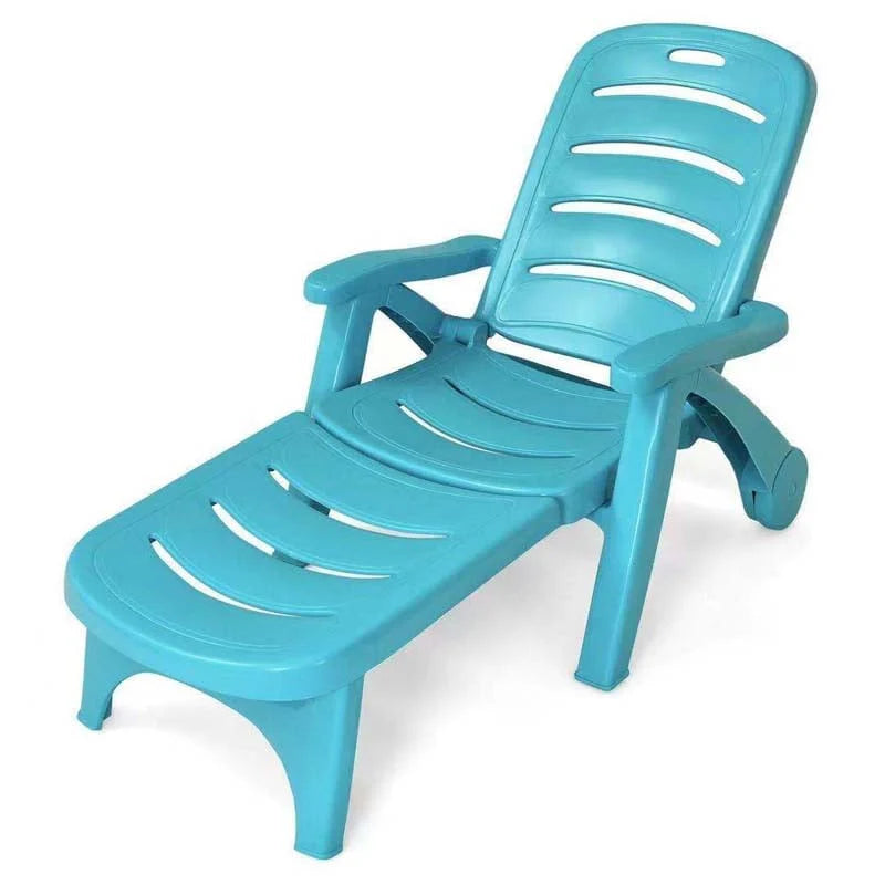 Rolling Folding Plastic Pool Lounge Chair With Armrests, 5 Position - Patio Deck Beach Chair