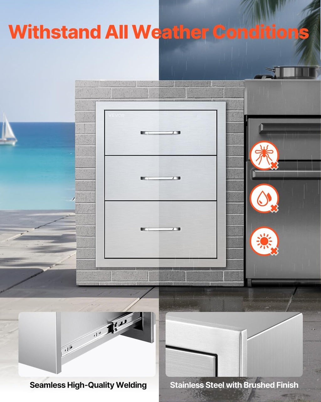 VEVOR Outdoor Kitchen Drawer Cabinet, Stainless Steel, 18.11 inch W x 23.23 inch D x 23.23 inch H, 3 Drawers
