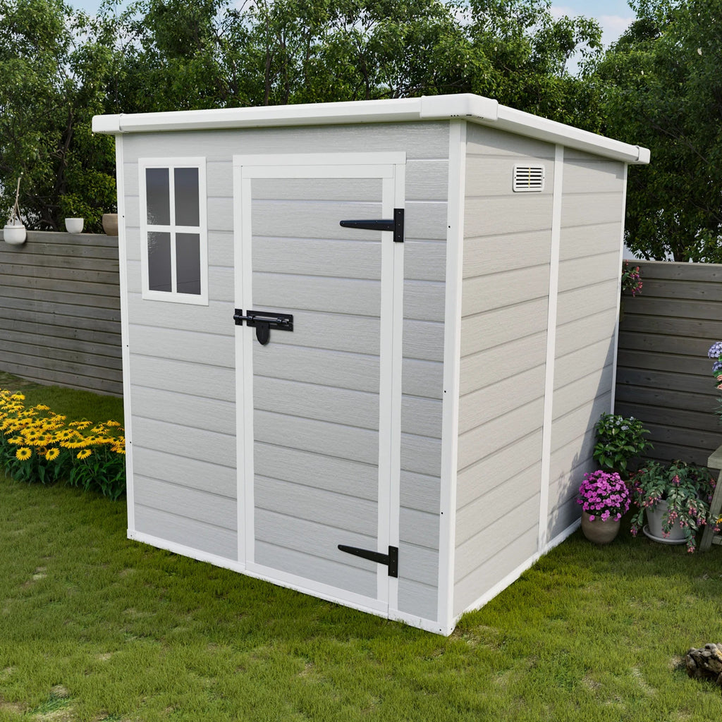 Seizeen Outdoor Resin Storage Shed, 41 Cu. Ft. / 306 Gal, Gray, 3 Doors With Floor