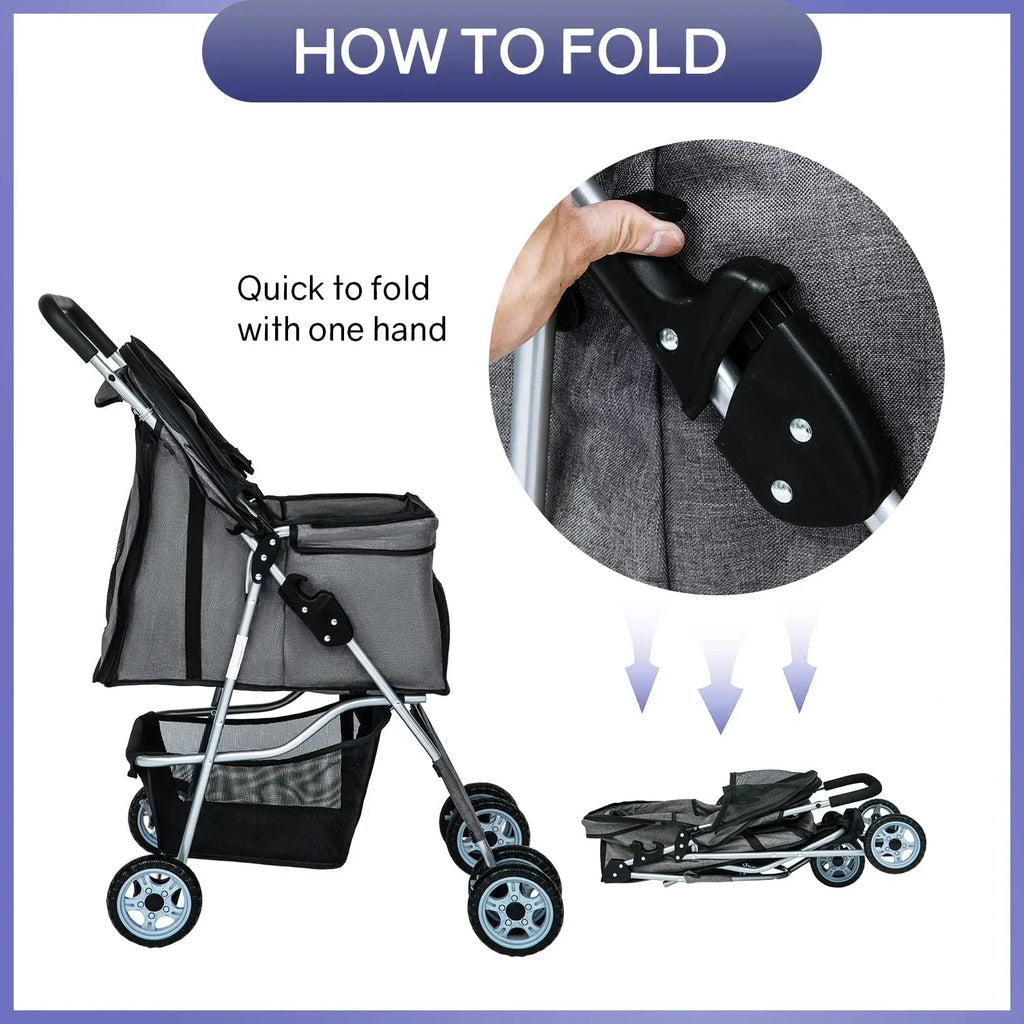 Dkelincs 4-Wheel Foldable Dog Cat Stroller Travel Carrier, Grey - 29.5in L x 18.9in W x 39.8in H