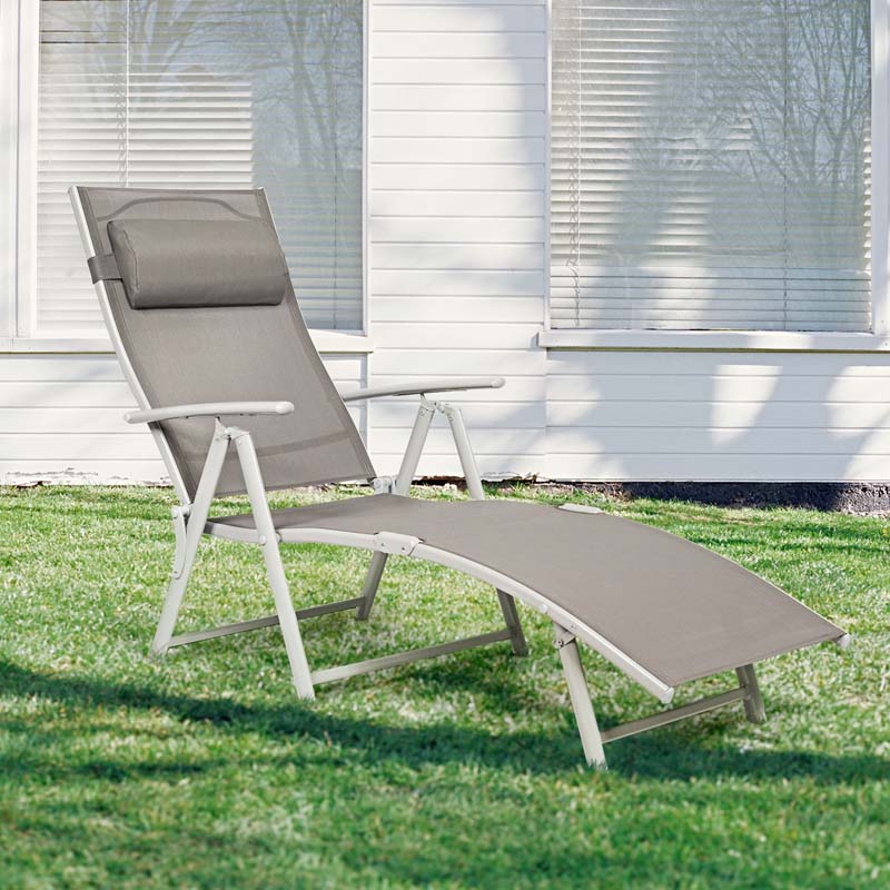 7 Position Folding Outdoor Chaise Lounge Chair With Cushion And Pillow