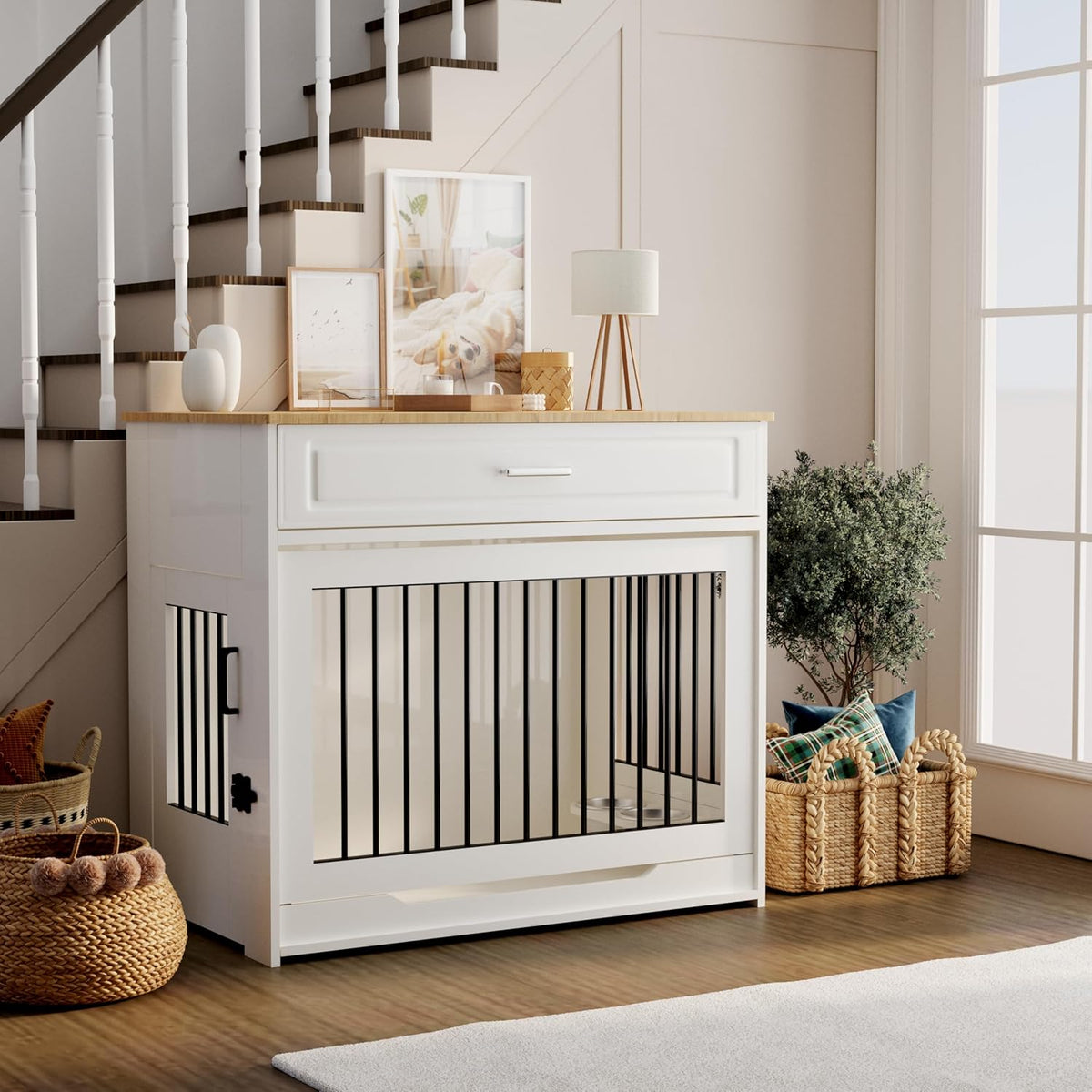Wooden Dog Crate Furniture With Flip-Up Door, Rotating Bowls And Storage Drawer - 95L x 85W x 60H Centimetres