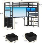 ADORNEVE Twin Size Metal Loft Bed With 75.6 x 41 in L-Shaped Gaming Desk, Drawers, Hutch And RGB Lights - Black
