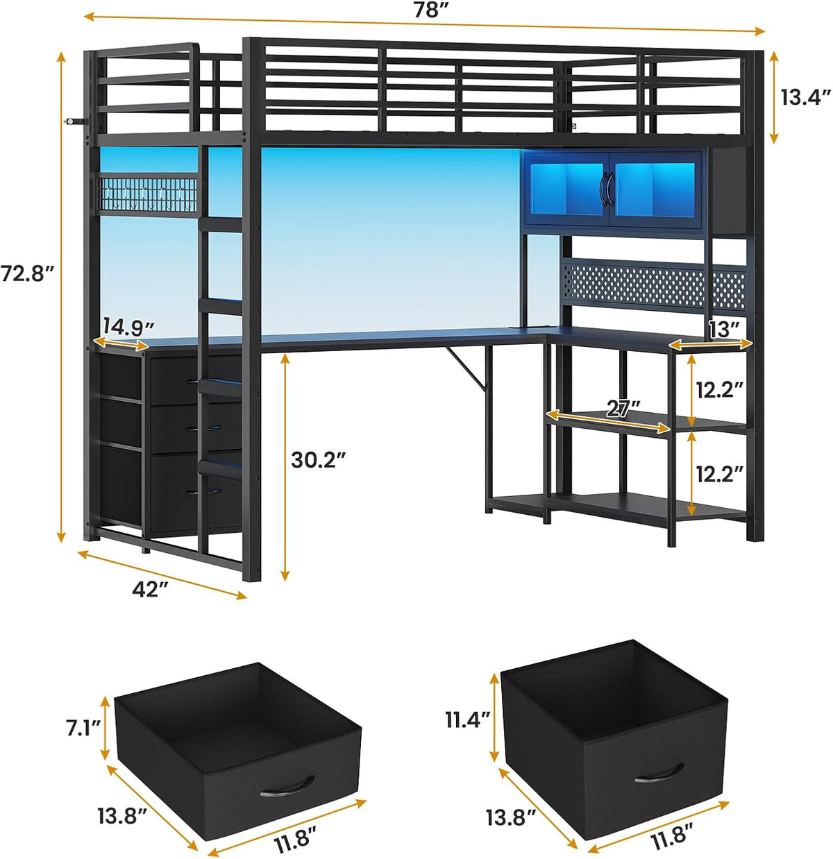 ADORNEVE Twin Size Metal Loft Bed With 75.6 x 41 in L-Shaped Gaming Desk, Drawers, Hutch And RGB Lights - Black