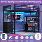 ADORNEVE Twin Size Metal Loft Bed With 75.6 x 41 in L-Shaped Gaming Desk, Drawers, Hutch And RGB Lights - Black
