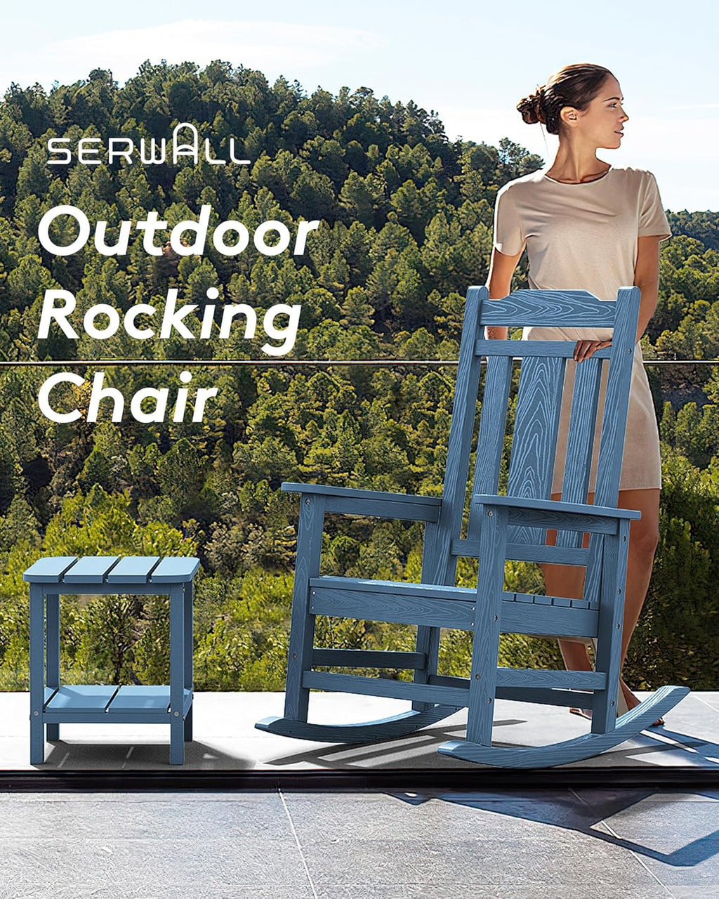 SERWALL Outdoor HDPE Oversized Rocking Chair Set Of 4, Blue, 35in D x 26.9in W x 41.3in H