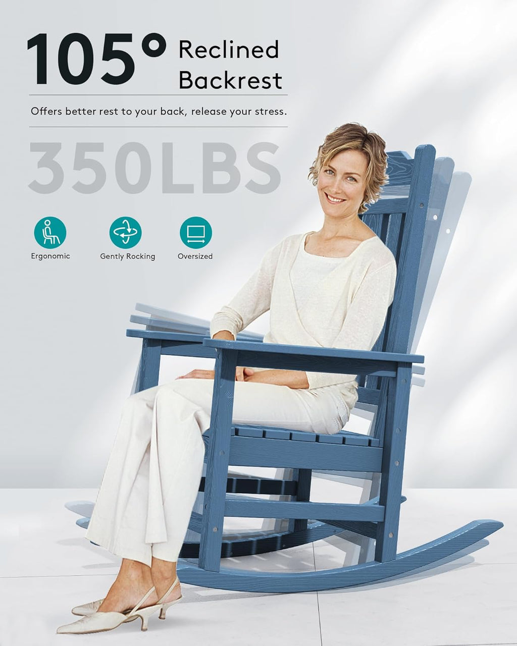 SERWALL Outdoor HDPE Oversized Rocking Chair Set Of 4, Blue, 35in D x 26.9in W x 41.3in H