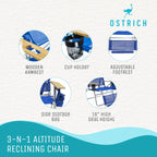 Ostrich 3-N-1 Altitude Outdoor Reclining Beach Chair, Blue - 16-Inch Height