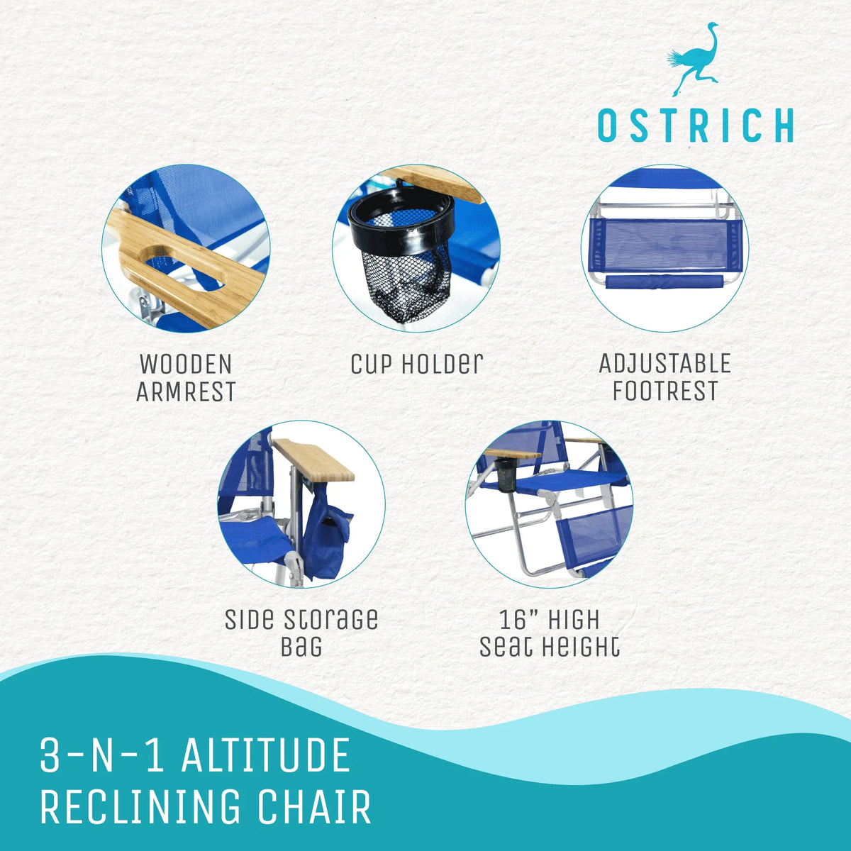 Ostrich 3-N-1 Altitude Outdoor Reclining Beach Chair, Blue - 16-Inch Height
