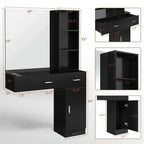 OmySalon Wall Mount Salon Station With Mirror, 1 Storage Cabinet, 2 Drawers And 3-Tier Shelf - Black