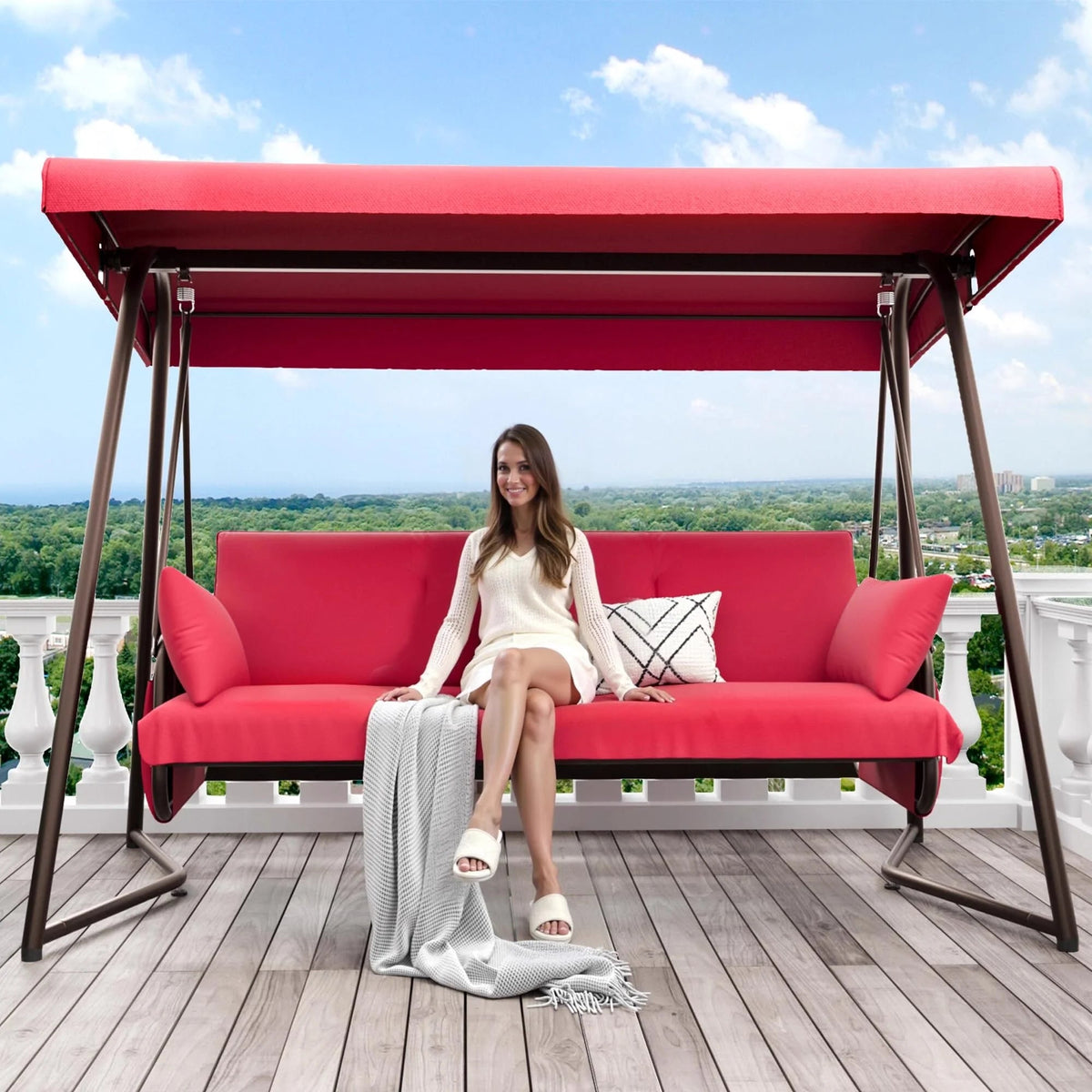 TQKVIPI 4 Person Outdoor Porch Swing Bed With Adjustable Backrest Canopy - 800 lbs Capacity