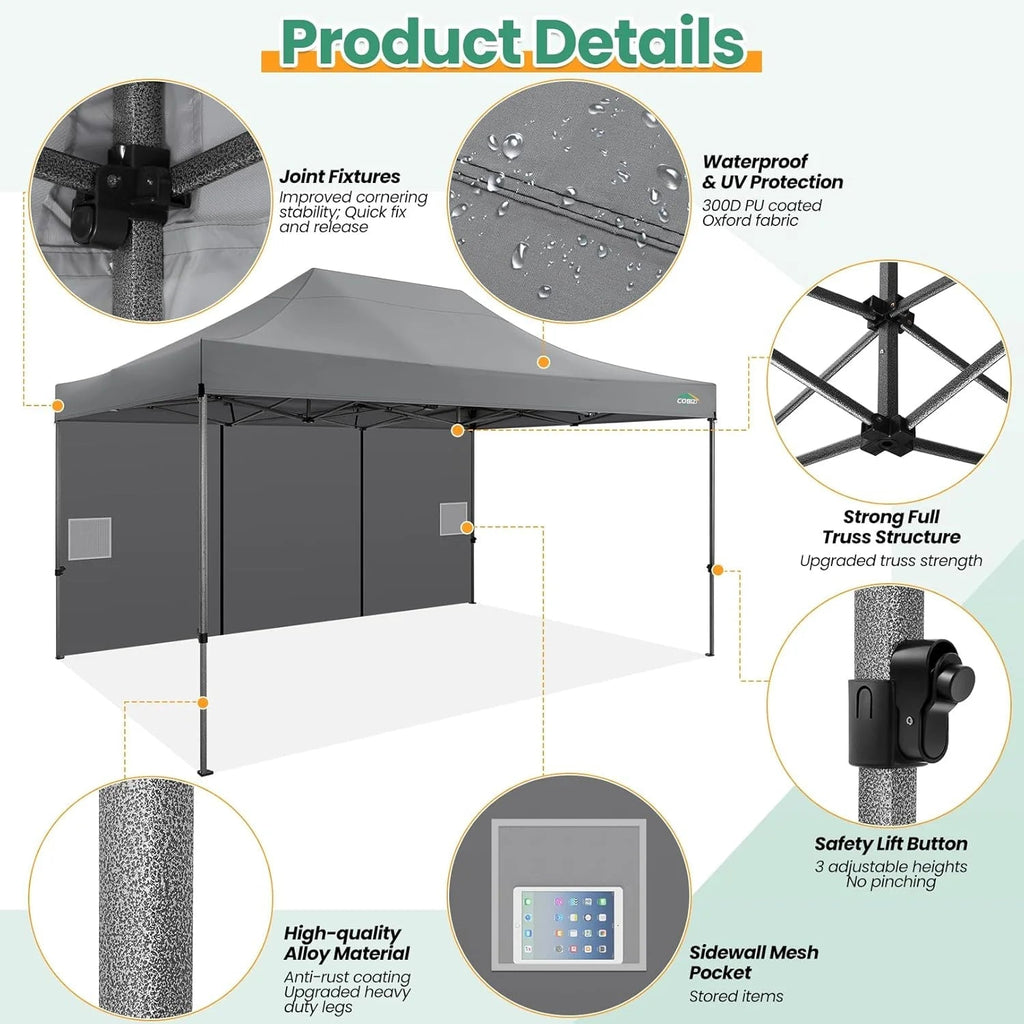 COBIZI 10x20 Heavy Duty Pop-Up Canopy Tent With 6 Sidewalls - Black