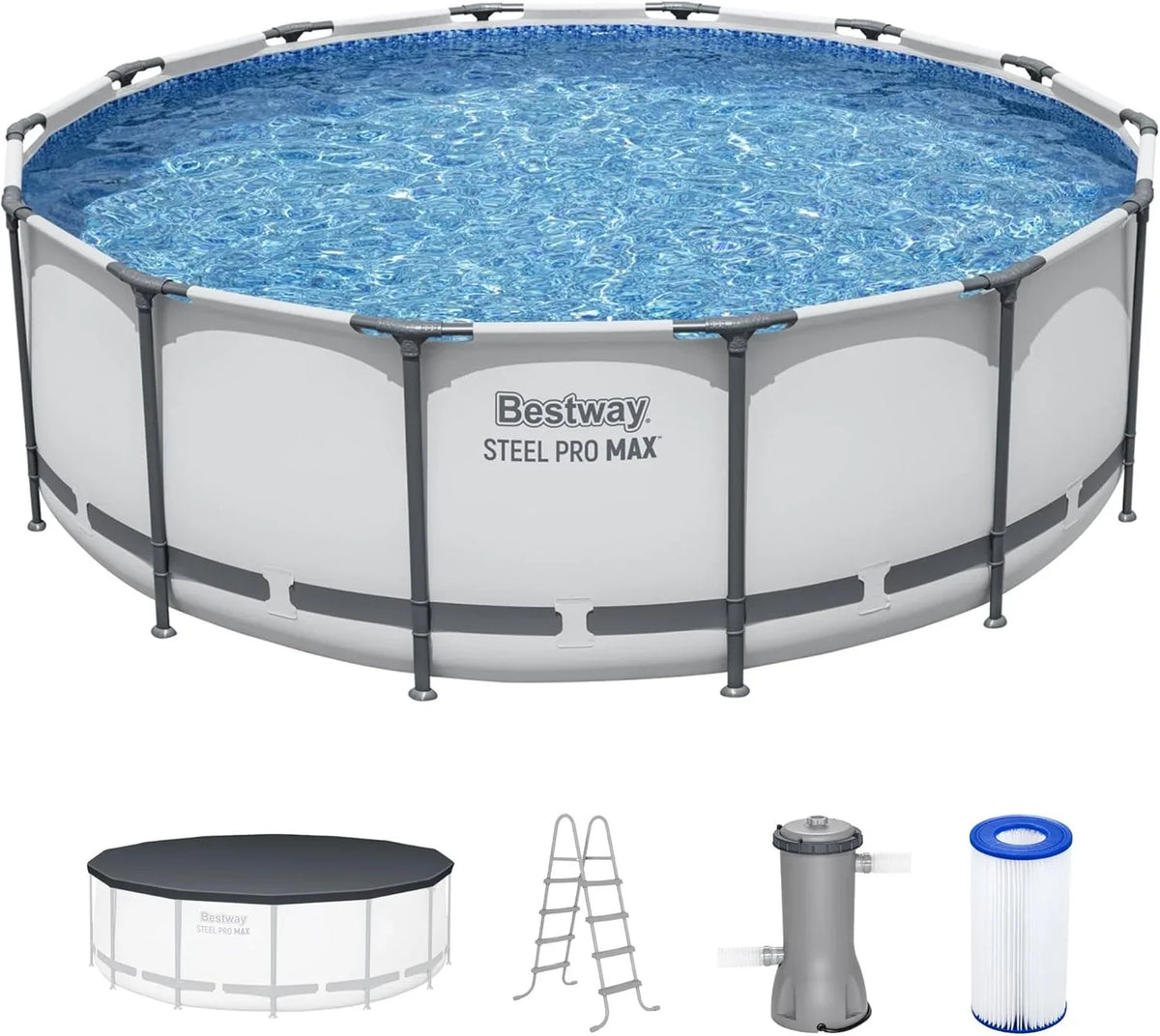 Steel Pro MAX 14 Foot x 48 Inch Round Steel Frame Above Ground Pool Set With 1,000 Filter Pump, Ladder And Cover - Gray