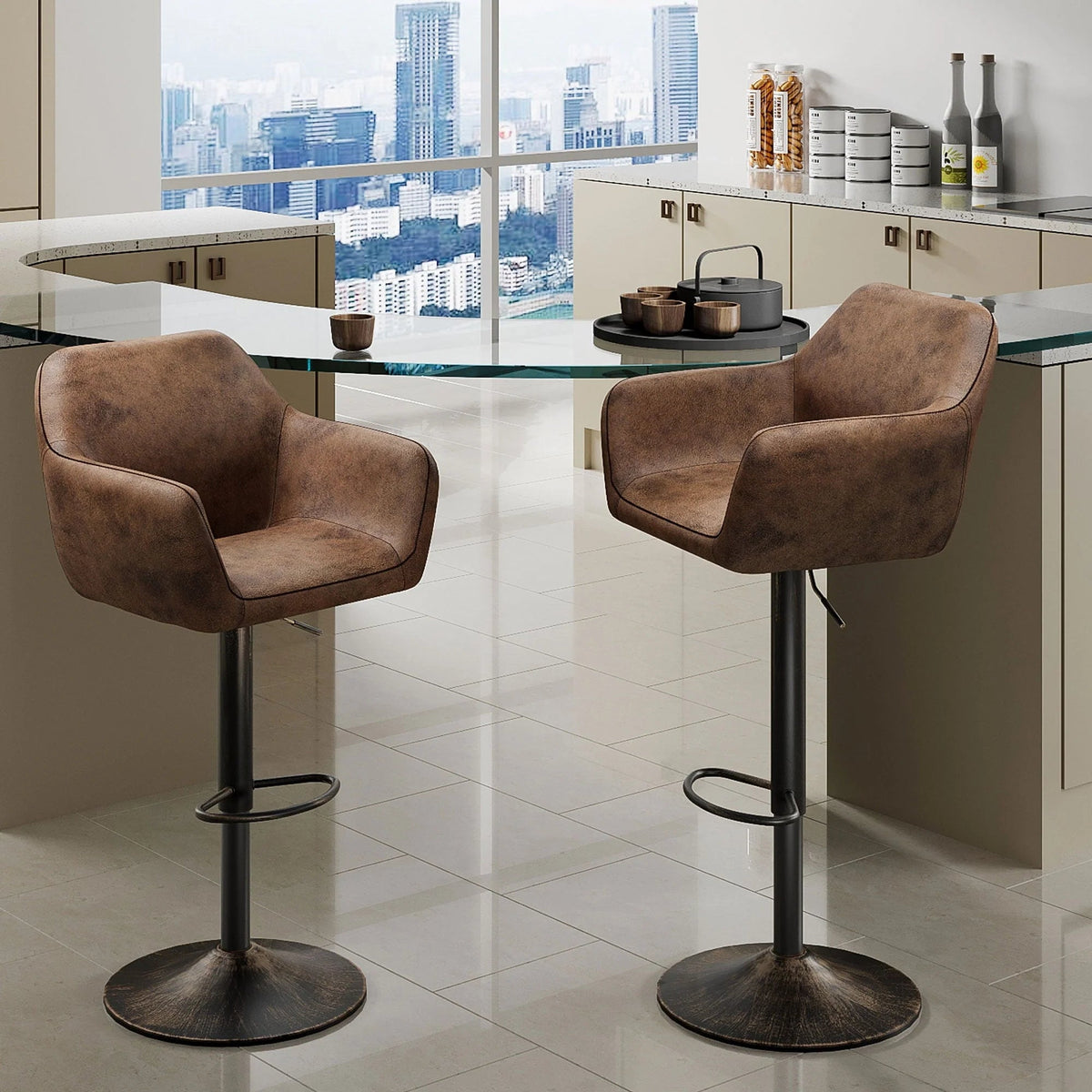 Homfa Tall Adjustable Rolling Bar Stools With Armrests And Back, Vintage Brown, Set Of 2